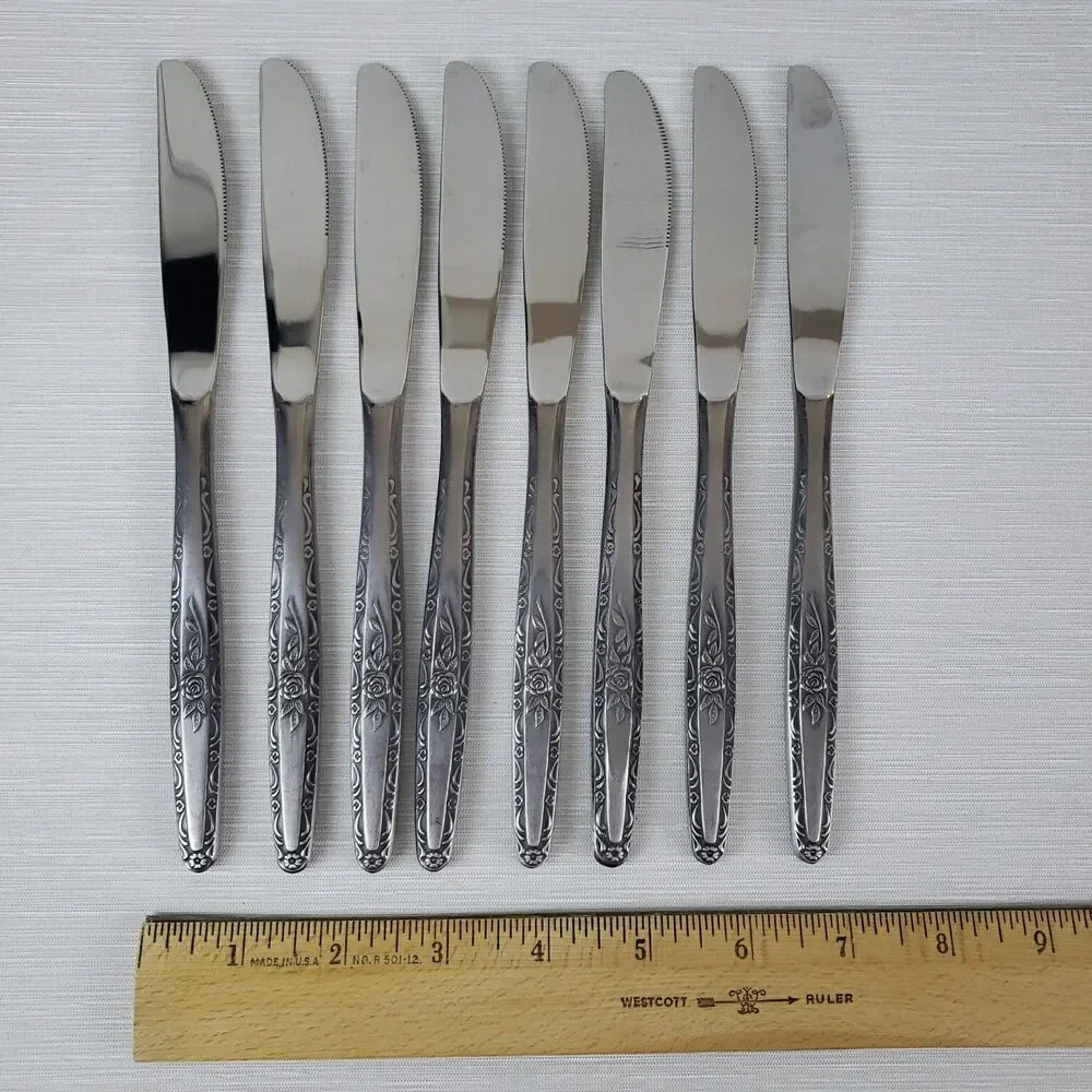 Vintage Single Rose Stainless Steel Butter Knives 8 Pcs Silverware Japan MCM